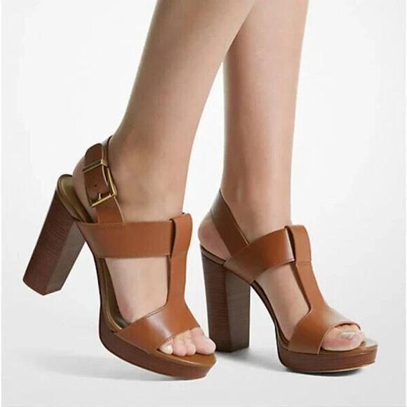 NEW Michael Kors Women's Luggage Leather Becker T Strap Heels Sandal US Size 7M - Picture 1 of 16